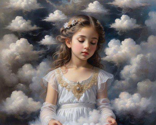 Young girl in flowing dress among ethereal clouds
