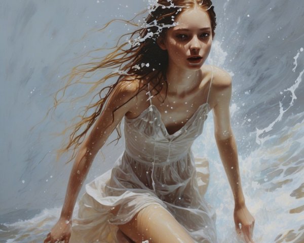 Young Woman in White Dress Kneeling by Ocean Waves