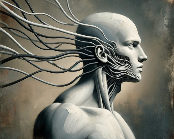 Surreal humanoid figure with mechanical features
