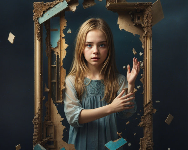 Young girl amidst shattered frame and colorful fragments