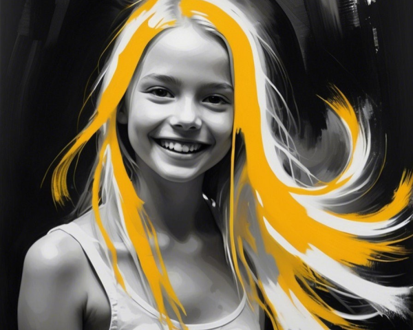 Young girl with vibrant hair against black and white background