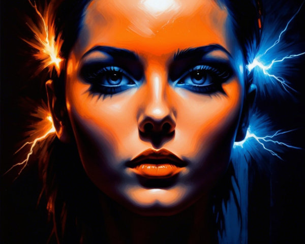 Portrait of a Woman with Lightning Motifs and Bold Colors