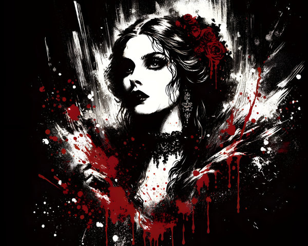Monochromatic Portrait of Woman with Roses and Red Accents