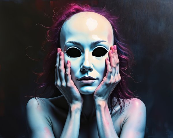 Figure with White Mask and Purple Hair in Dark Setting