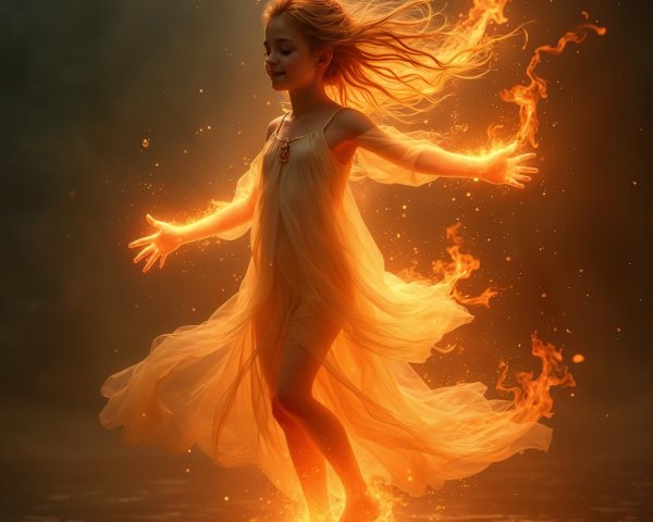 Young girl in glowing dress with dancing flames