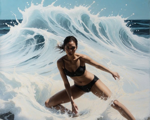 Dynamic Woman in Black Bikini Amid Ocean Waves