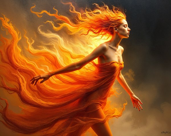 Woman with Fiery Hair in Ethereal Orange Dress