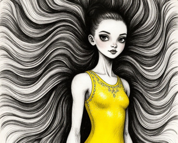 Illustration of a girl in a yellow swimsuit with flowing hair