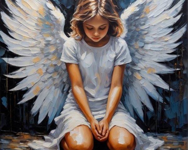 Serene Young Girl with Angelic Wings in Prayer Pose