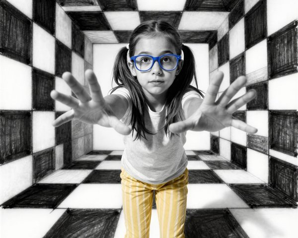 Adolescent girl in pigtails against checkered tunnel backdrop