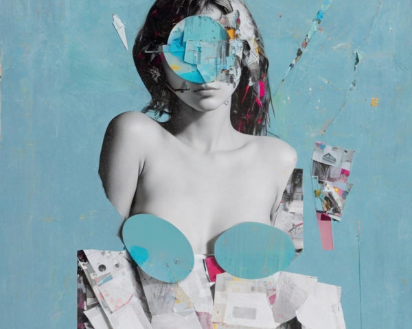 Mixed-Media Artwork with Monochrome and Color Elements