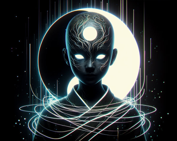 Surreal Figure with Glowing Patterns and Celestial Orb