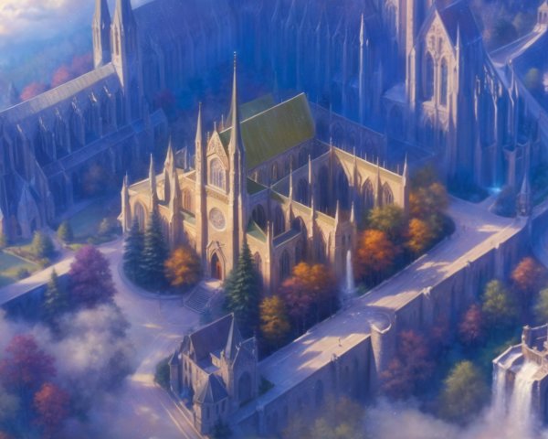 Gothic Cathedral Surrounded by Autumn Trees and Clouds