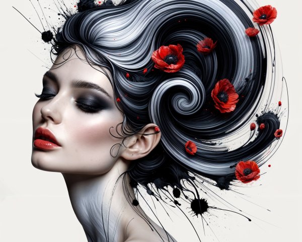 Portrait of a woman with black and silver hair and poppies