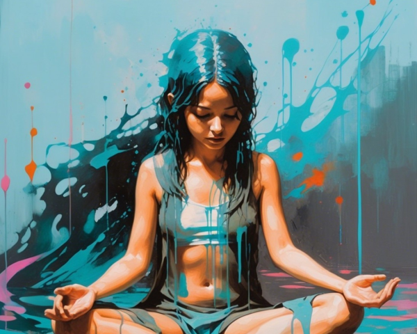Meditative Figure Surrounded by Colorful Waves