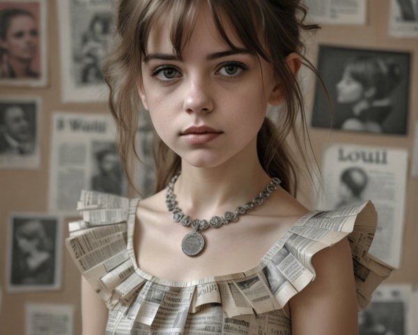 Young girl in newspaper dress with calm expression