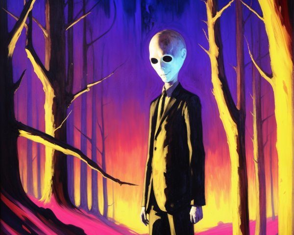 Surreal Forest Scene with Elongated Figure in Suit