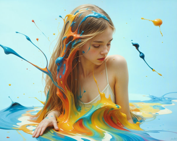 Young girl in vibrant paint pool with serene expression