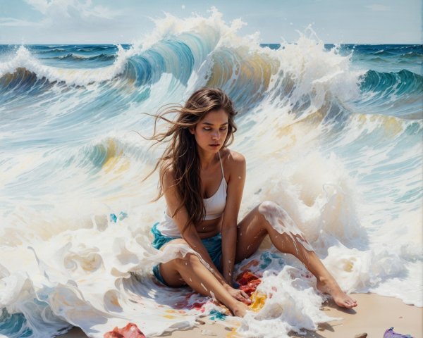 Young woman on beach with waves and colorful scenery