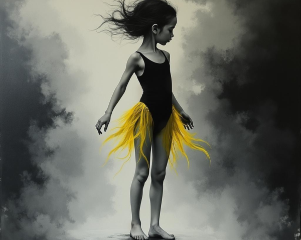 Young girl in black swimsuit against grey backdrop