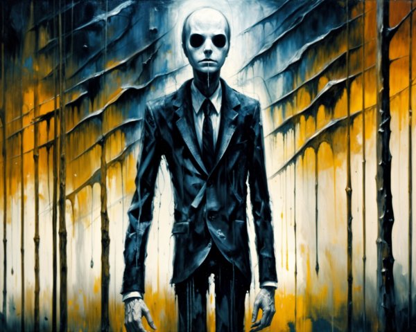 Tall figure in dark suit in eerie forest scene