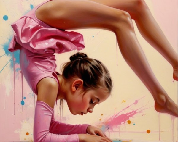 Young girl in pink leotard poses in artistic setting