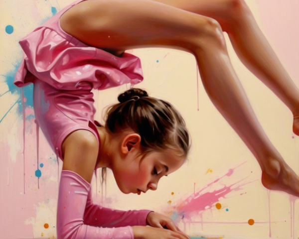 Young girl in pink leotard poses in artistic setting