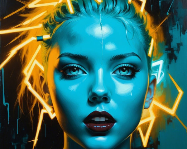 Portrait of a Young Woman with Blue Skin and Neon Lines