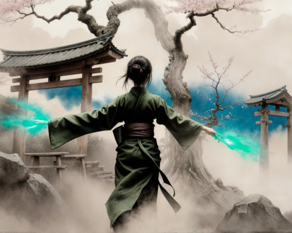 Lone Figure in Green Kimono Amid Cherry Blossoms