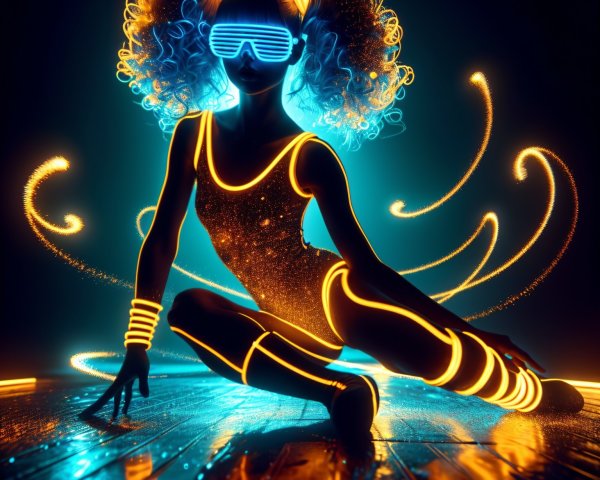 Futuristic dancer in neon lights and glowing sunglasses