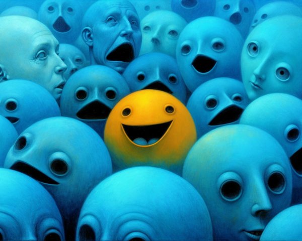 Surreal Crowd of Blue Heads with Expressive Faces