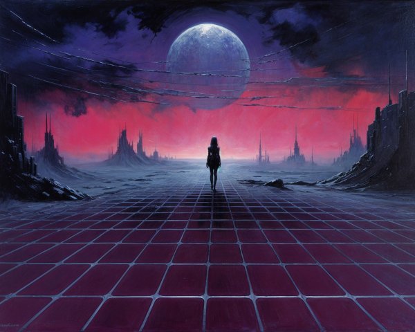 Lone Figure on Grid in Surreal Landscape with Moon