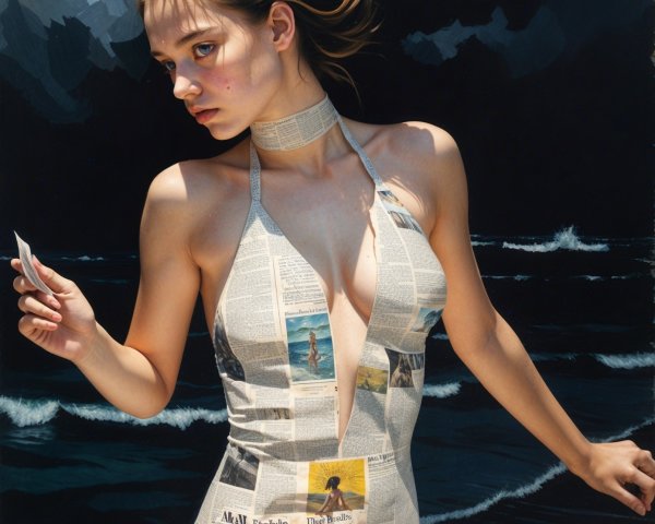 Young Woman in Newspaper Swimsuit at Shoreline