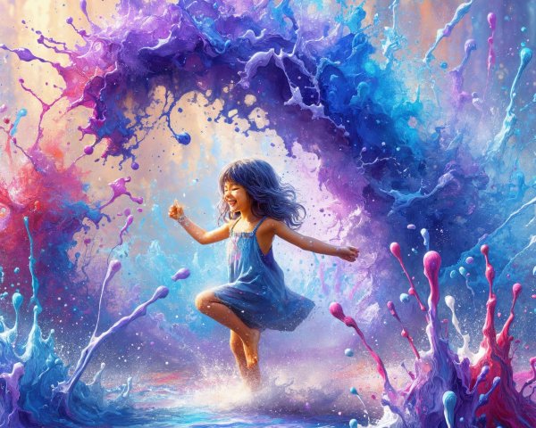 Joyful girl leaping through vibrant paint splashes