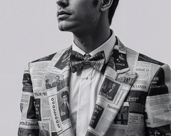 Man in Newspaper Suit with Bow Tie and Serious Expression