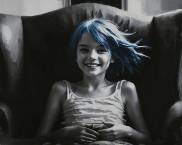 Young girl with blue hair in a plush armchair