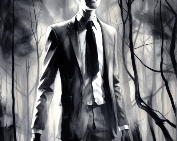 Eerie Figure in Tailored Suit in Shadowy Forest