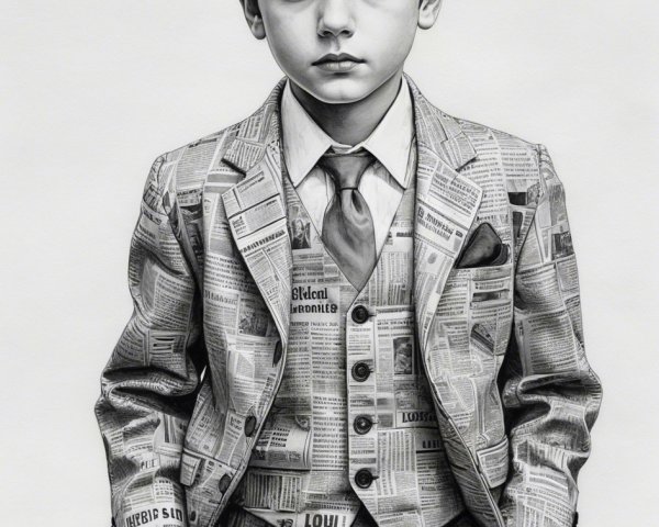 Boy in Newspaper Suit with Intricate Patterns