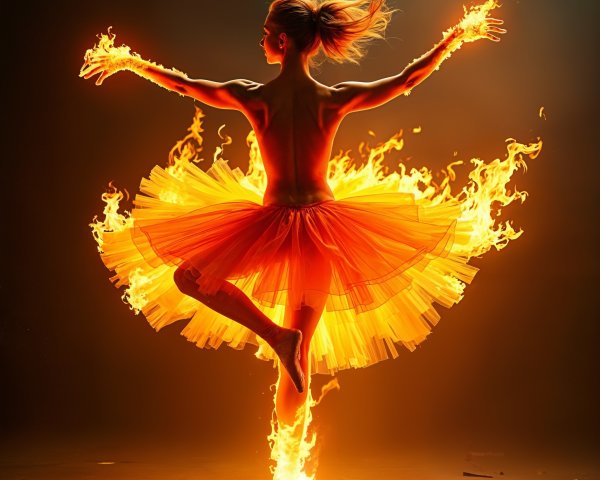 Dancer in Vibrant Flames with Flowing Tutu Costume