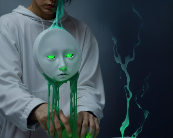 Figure in White Hoodie with Melting Green Mask