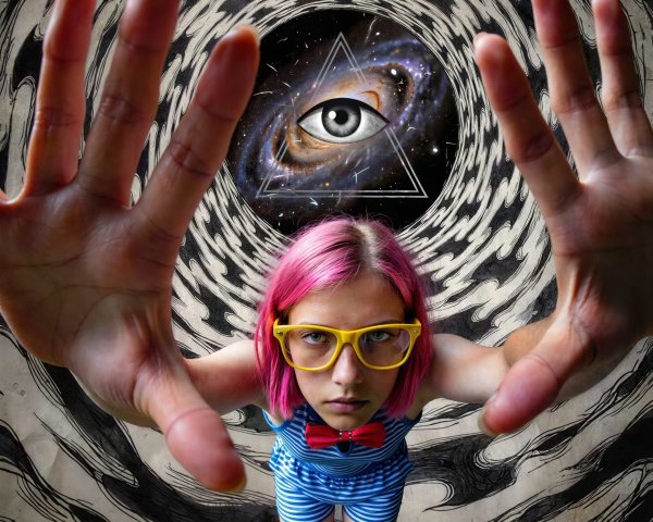 Young girl with pink hair in a surreal tunnel scene