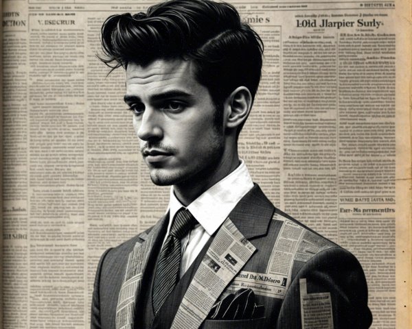 Stylish Man in Newspaper Suit Against Vintage Backdrop
