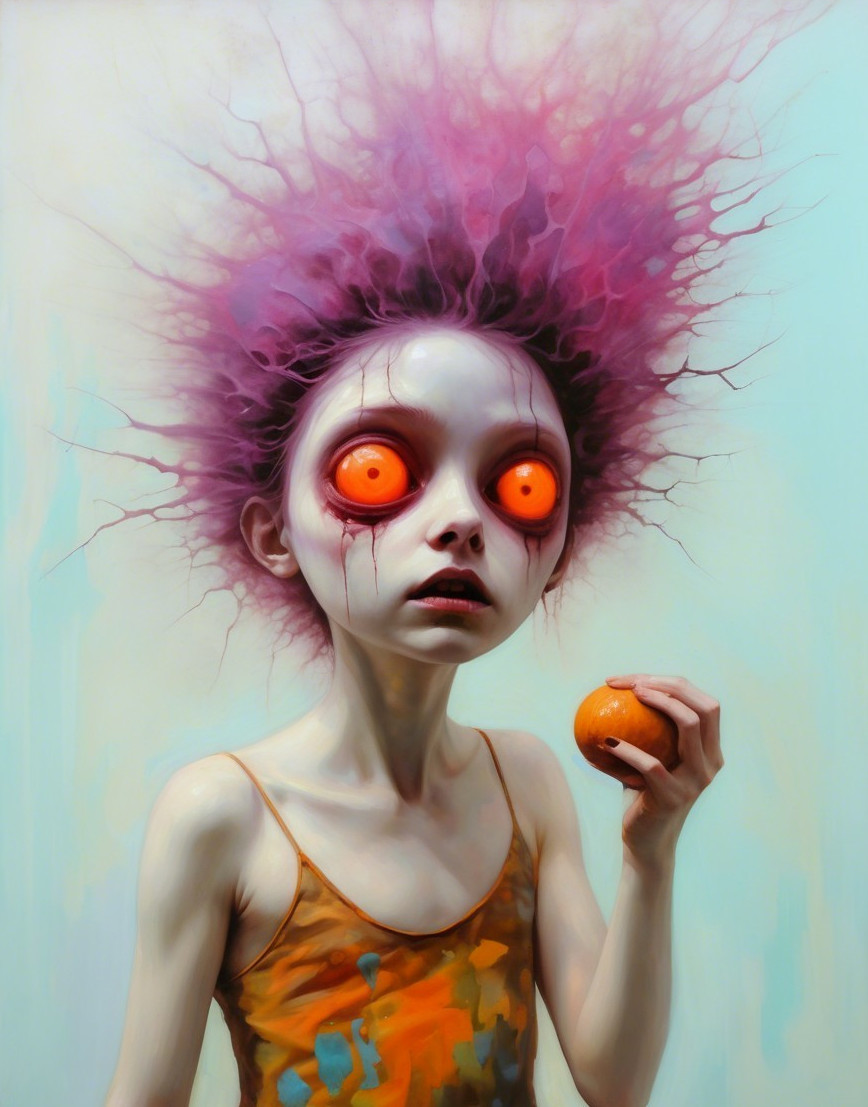 Vibrant surreal artwork: girl with pink hair, orange eyes, holding fruit, tiny figure on