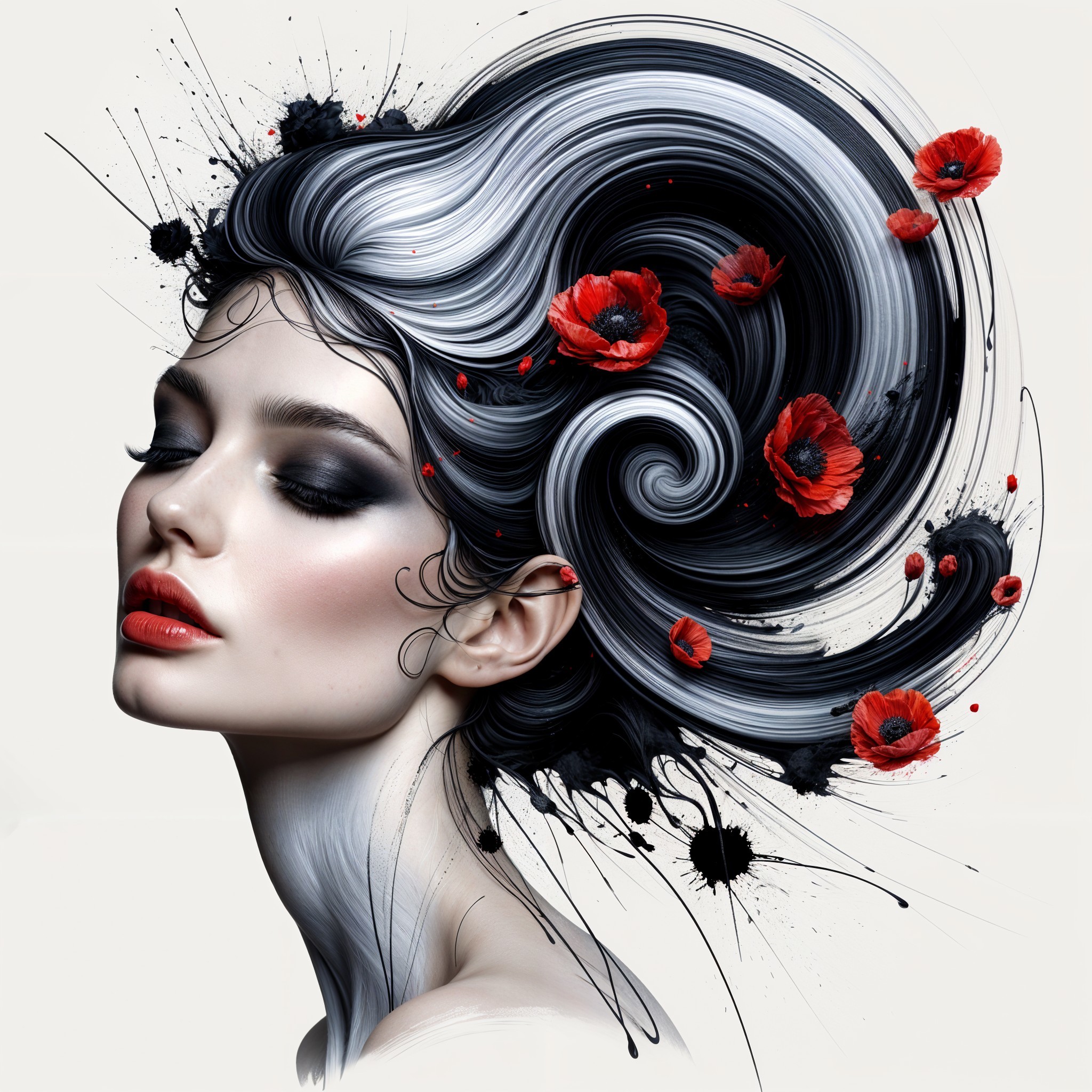 Portrait of a woman with black and silver hair and poppies