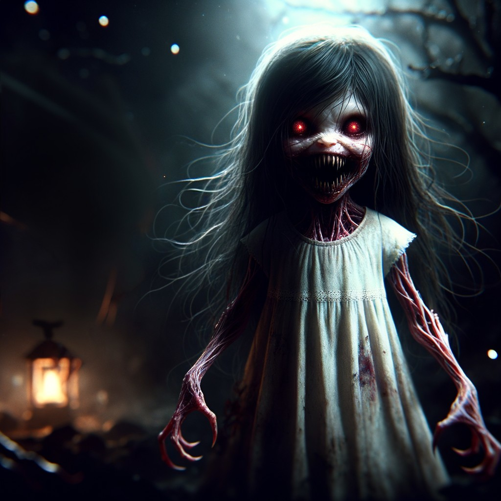 Creepy doll-like figure with glowing red eyes and sharp teeth in foggy environment.