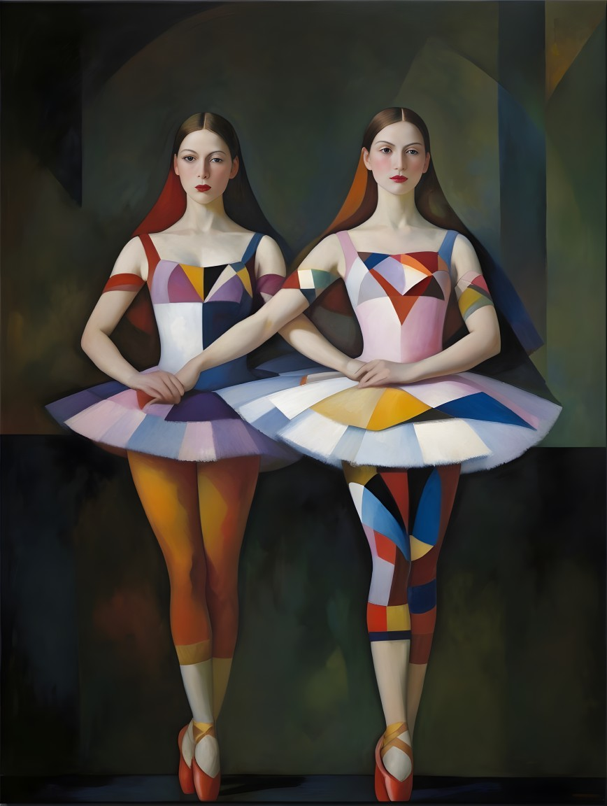 Ballet Dancers in Geometric Costumes on Dark Background