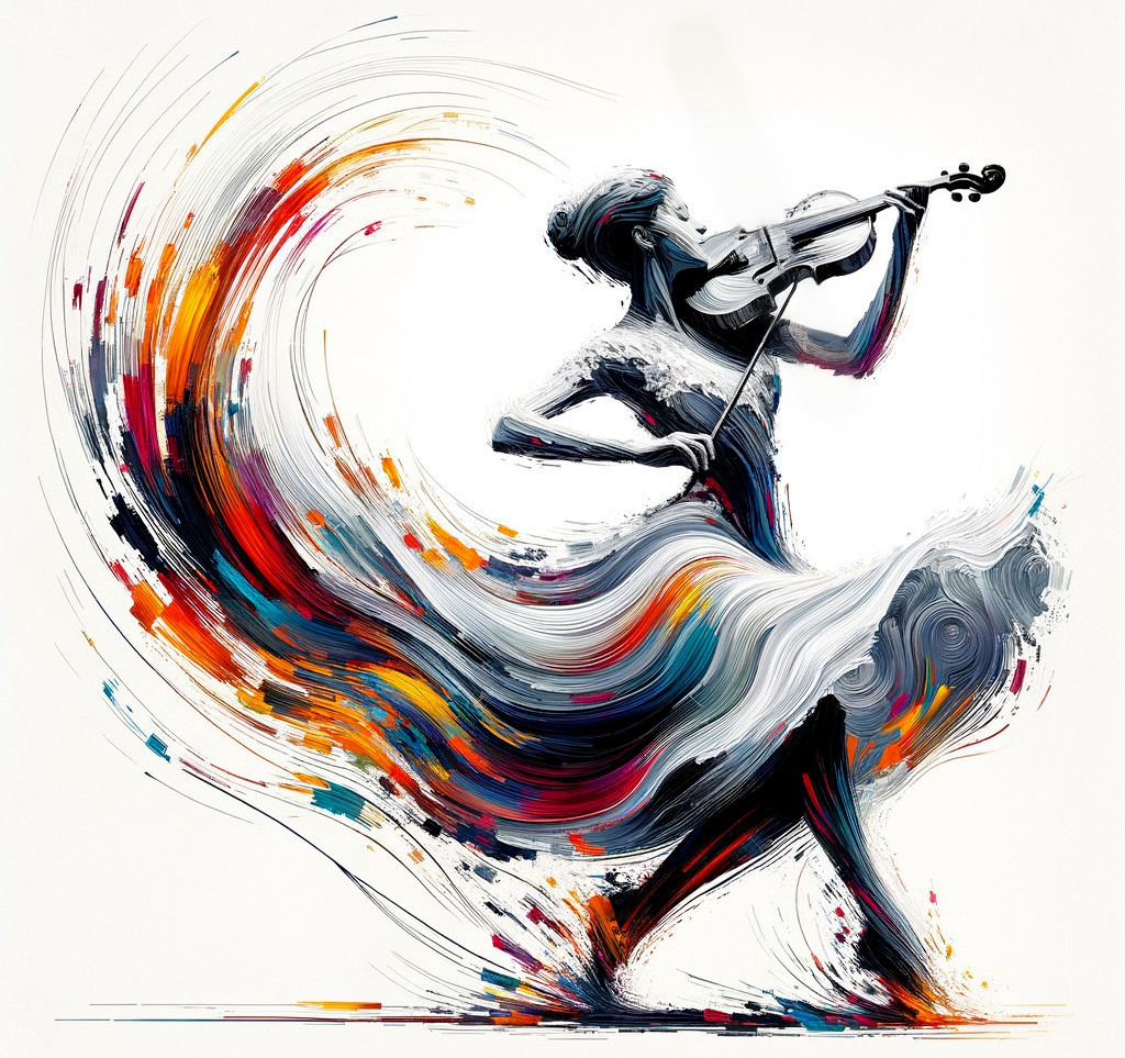 Silhouette playing violin in vibrant abstract painting