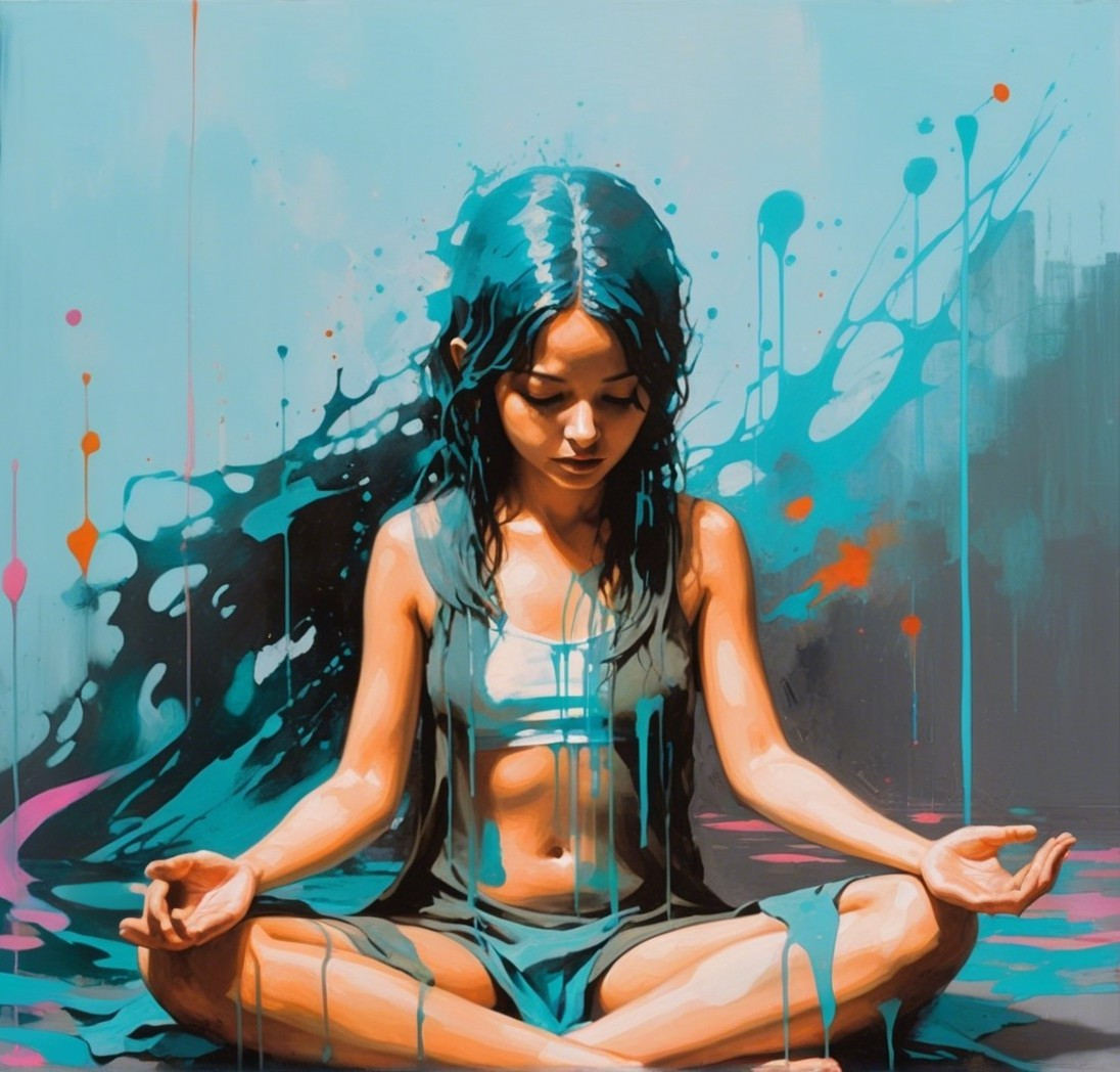 Meditative Figure Surrounded by Colorful Waves