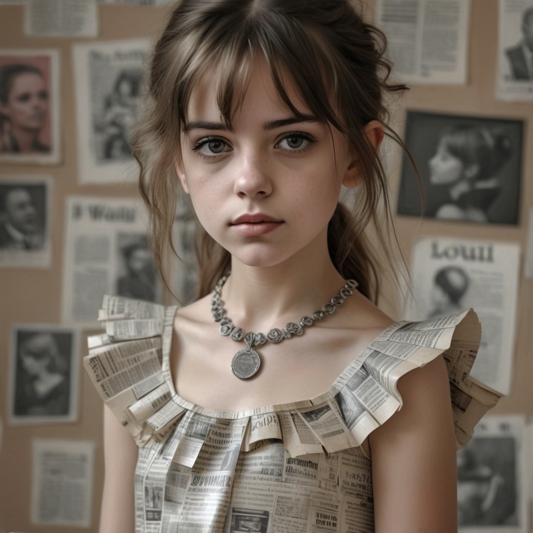 Young girl in newspaper dress with calm expression