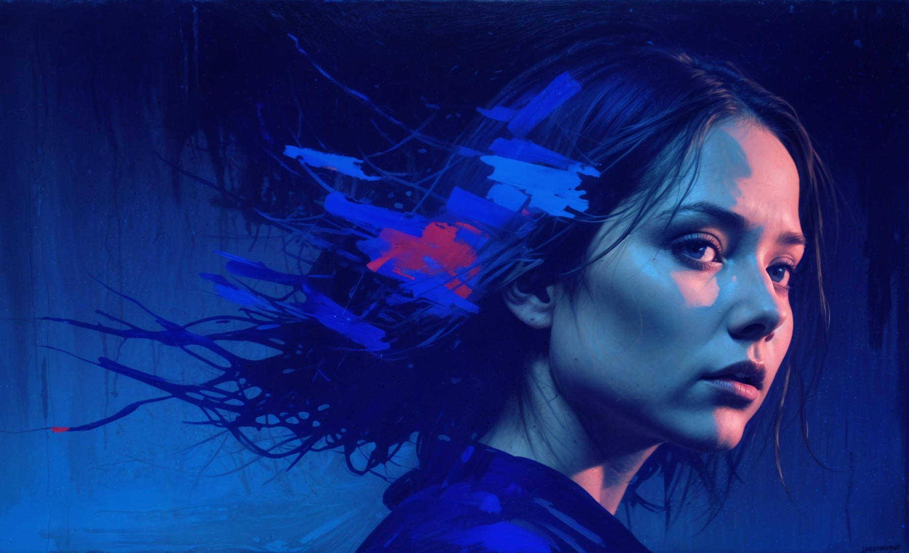 Vibrant neon digital artwork of a woman with flowing hair